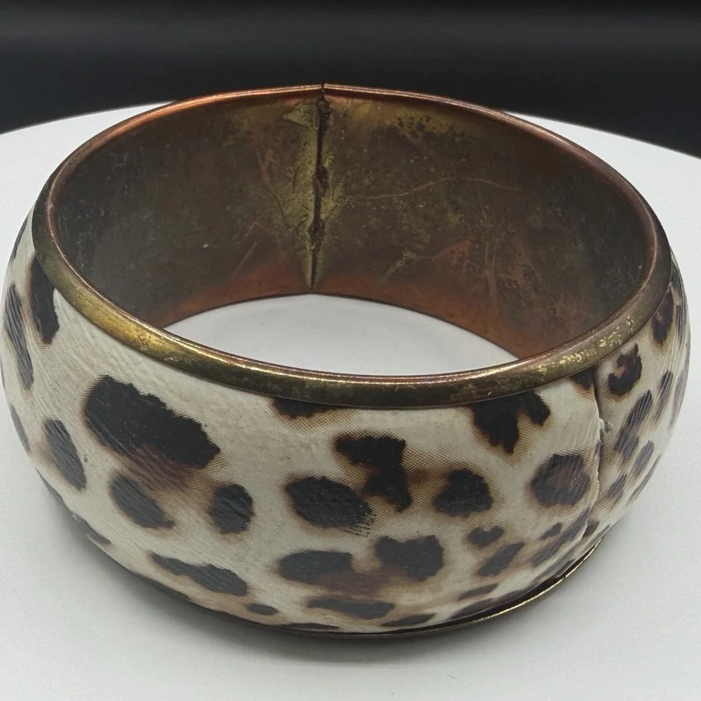 Cream Leopard Print Wide Gold Tone Bangle Bracelet Chunky Statement Y2K Gift